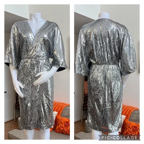 H&M | Dresses | Hm All Over Silver Sequin Kimono Sleeve Dress | Poshmark